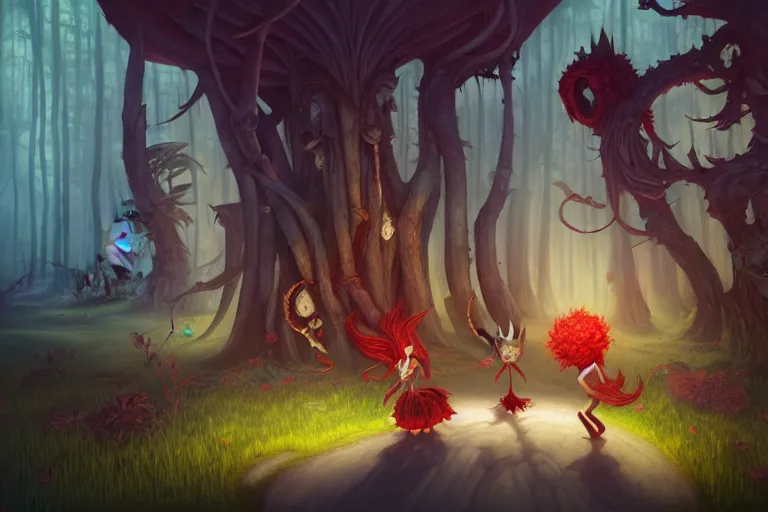 Image similar to forest, american mcgee's alice, sharp focus, artstation, trending, by julie dillon, luis melo, tyler miles lockett, lei jin, hong lei, ken wong, adam narozanski, joy ang