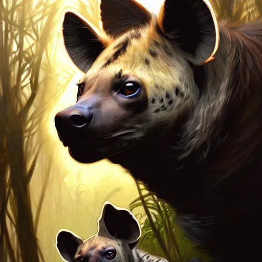 Prompt: photo of a hyena with a woman's head feeds puppies in the forest, highly detailed, digital painting, artstation, smooth, sharp focus, illustration, art by artgerm and greg rutkowski and alphonse mucha