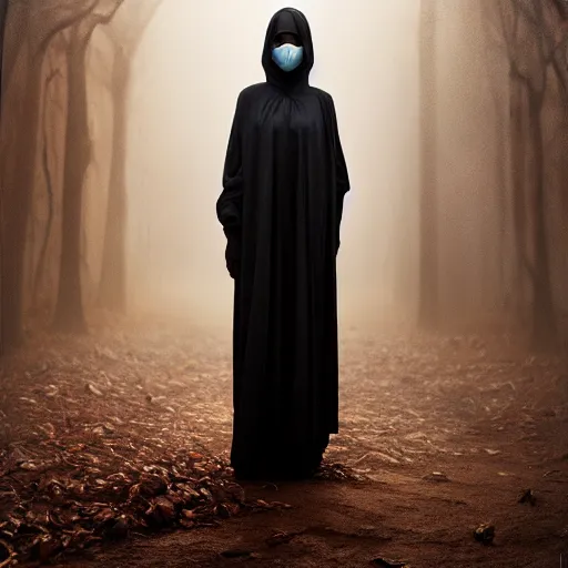 Image similar to a portrait of a young black woman wearing a long dark cloak, hood and shadows covering face, anatomically correct, beautiful perfect face, enigmatic, oil painting, matte painting, black background, Volumetric dynamic lighting, Highly Detailed, Cinematic Lighting, Unreal Engine, 8k, HD, by Beksinski