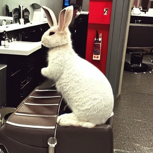 Image similar to sad rabbit sitting in a barbers chair