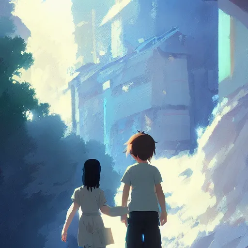 Prompt: angel protecting child by makoto shinkai, thomas kinkade, james gilleard, very detailed, deviantart, artstation