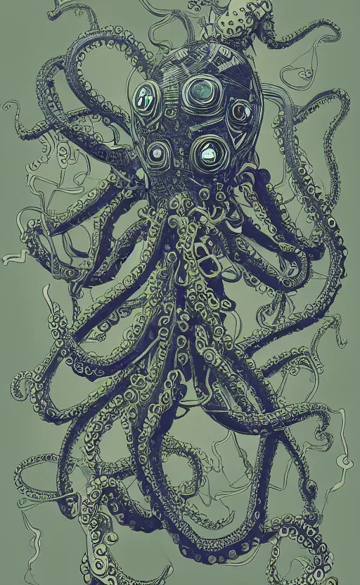 Image similar to robotic octopus by miyazaki, illustration, kenneth blom, mental alchemy, james jean, pablo amaringo, naudline pierre, contemporary art, hyper detailed