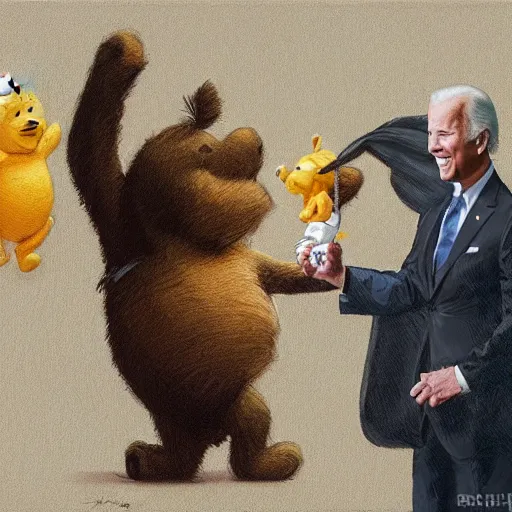 Image similar to Joe Biden holding Winnie the Pooh. Highly detailed painting Greg rutkowski. Good clear quality, high detail, octagon render 8k