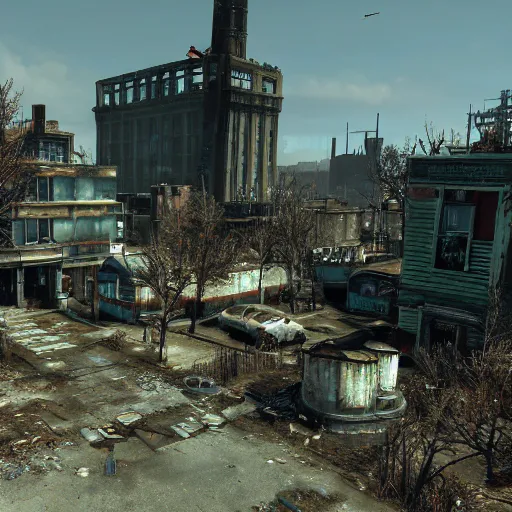 Image similar to Dublin in ruins post-nuclear war in Fallout 4, in game screenshot