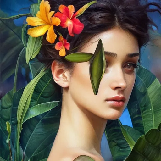 Prompt: Tropical Flowers, Watercolor, photorealistic, high resolution, award winning, trending on artstation, olive skin, long dark hair, beautiful bone structure, intricate, elegant, highly detailed, digital painting, artstation, concept art, smooth, sharp focus, illustration, art by artgerm and greg rutkowski and alphonse mucha