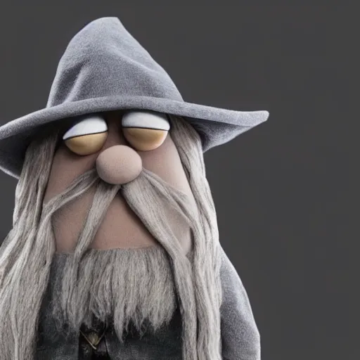 Image similar to A still of Gandalf the Grey as a muppet, wearing a grey, patched wizard's hat, realistic photo