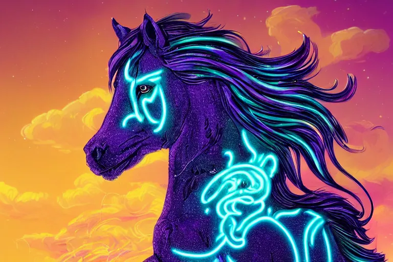 Image similar to a stunning horse with bioluminescent mane and tail running in the clouds by sandra chevrier and greg rutkowski, neon hooves, purple blue color scheme, vaporware, retro, outrun, high key lighting, volumetric light, digital art, highly detailed, fine detail, intricate, ornate, complex, octane render, unreal engine, photorealistic