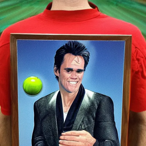 Prompt: a bowling carrier with a print of jim carrey