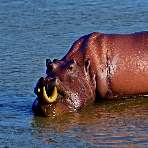 Image similar to a hippopotamus with a golden trophy in its mouth. photograph.