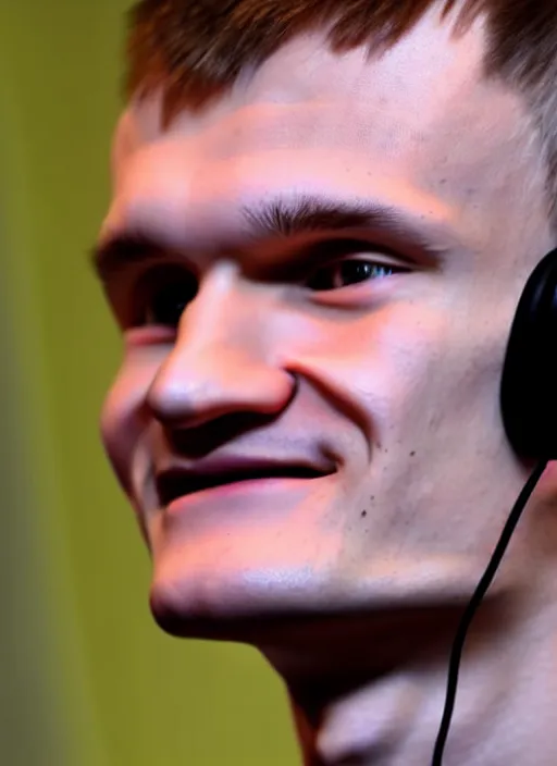 Image similar to vitalik buterin in headphones. vitalik buterin, close up, perfect symmetric face, coherent eyes, pixar, disney, beautiful smiling face, high detail, very sharp, 4 k