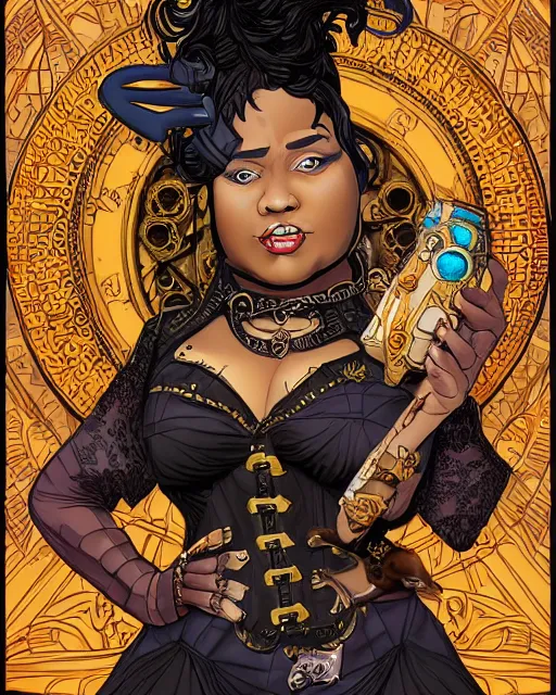 Image similar to a detailed portrait illustration of a steampunk sorceress - laywer. beautiful obese black female face. art nouveau, pop art, comic book style. influenced by neil gaiman, h. p. lovecraft, dan mumford, brian froud, kehinde wiley, killian eng, ross tran.