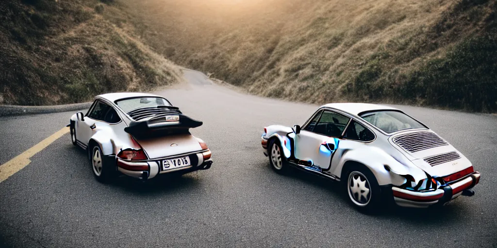 Image similar to photograph, debadged, 1989 PORSCHE 911, RSR, by Pete Biro, Michael Simari, press release, cinematic, malibu canyon, 8k, depth of field, bokeh. debadged ,