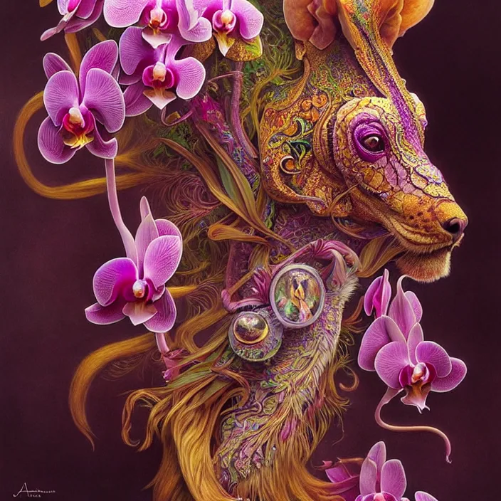 Image similar to psychedelic animal made of orchid, diffuse lighting, fantasy, intricate, elegant, highly detailed, lifelike, photorealistic, digital painting, artstation, illustration, concept art, smooth, sharp focus, art by John Collier and Albert Aublet and Krenz Cushart and Artem Demura and Alphonse Mucha