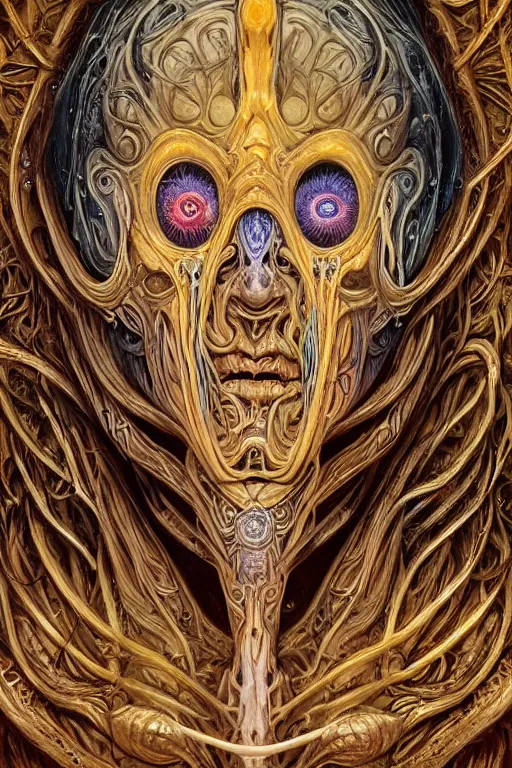 Prompt: Elden Ring and Psytrance DMT entity themed painting of majestic chromatic biomechanical anatomical neutral human ceremonial mask closeup face, golden ratio concept, Neo-Gothic concept, infinity glyph waves, intricate artwork masterpiece, very coherent artwork, cinematic, full frontal facial features by Artgerm, art by H.R. Giger, Joseph Michael Linsner, Alex Grey, Johnatan Wayshak, Moebius, Ayami Kojima, very anatomically coherent artwork, trending on cgsociety, ultra high quality model, production quality cinema model, high detail chromatic ink outline, octane render, unreal engine 8k, hyper realism, high detail, octane render, unreal engine, 8k, High contrast