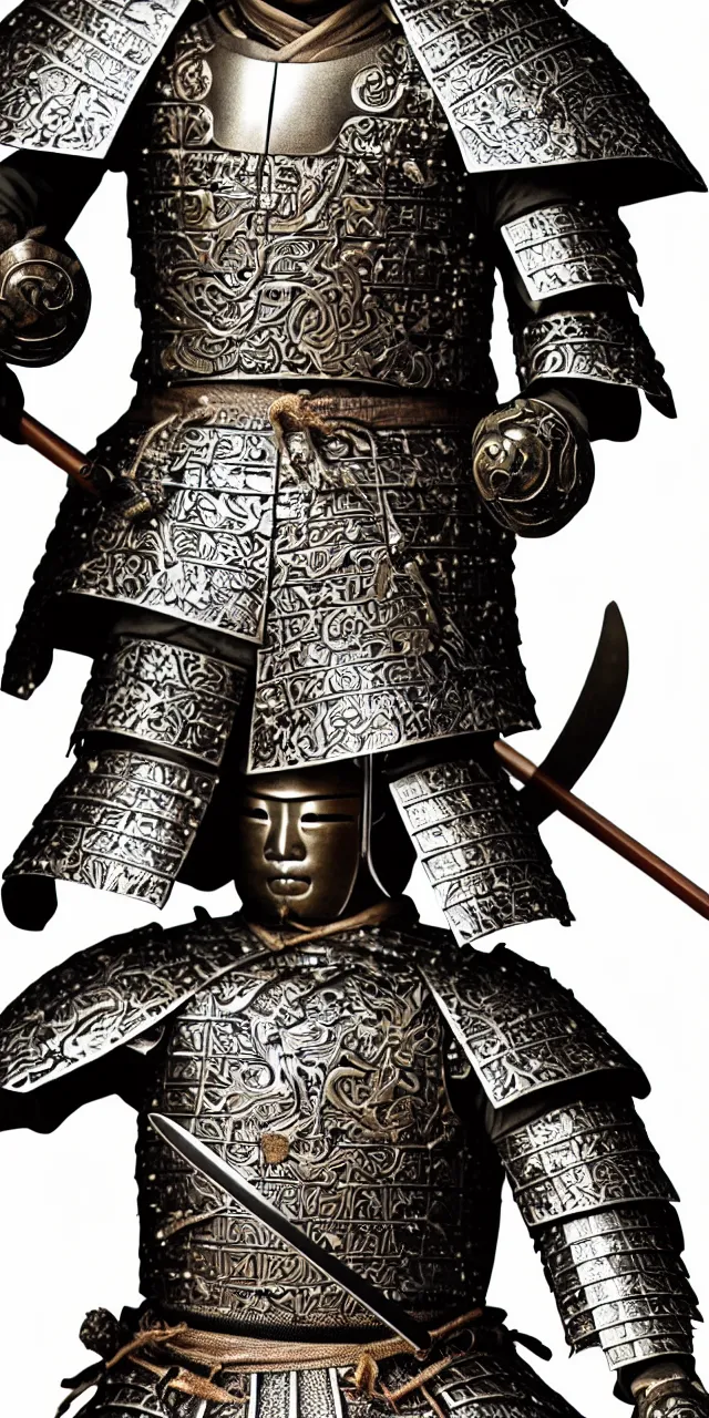 Image similar to detailed photorealistic ancient japanese samurai warrior soldier ⚔ 🪖 ⛩ with traditional japanese engravings and ornamentation on armour and weapons, and shining metallic 3 d surfaces, japanese calligraphy, damask pattern, wide angle, 3 d