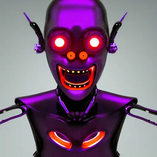 Prompt: portrait of a menacing evil villain robot, glowing dark red eyes, metal teeth, purple tubes, striking