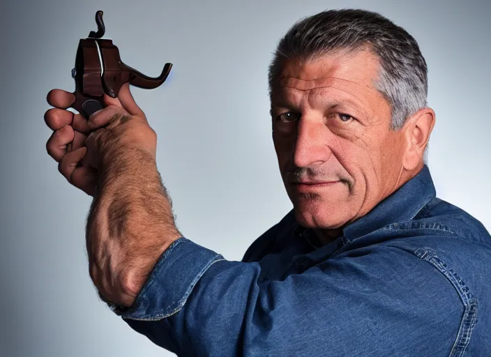 Prompt: studio portrait photo still of fred ward!!!!!!!! at age 5 3 years old 5 3 years of age!!!!!!! holding a revolver, 8 k, 8 5 mm f 1. 8, studio lighting, rim light, right side key light