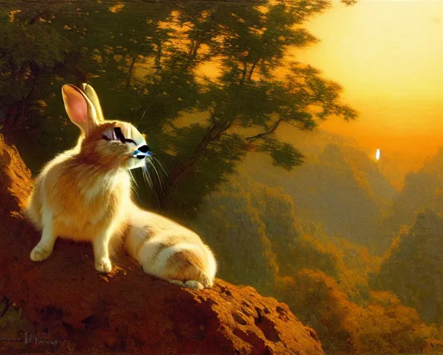 Image similar to hyper realistic rabbit looking off of a cliff, sun setting behind rabbit, lush forest in valley below, painted by gaston bussiere, craig mullins, j. c. leyendecker 8 k