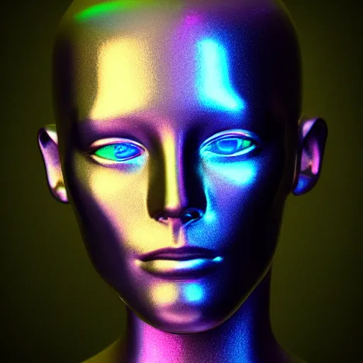 Image similar to 3d render of holographic human robotic head made of glossy iridescent, surrealistic 3d illustration of a human face non-binary, non binary model, 3d model human, cryengine, made of holographic texture, holographic material, holographic rainbow, concept of cyborg and artificial intelligence