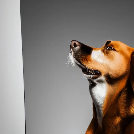 Prompt: dog barking at mirror, studio photography