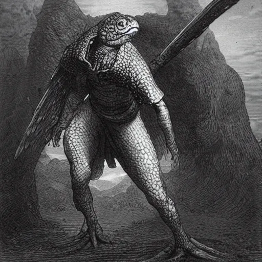 Prompt: anthropomorphic turtle hero by gustave dore