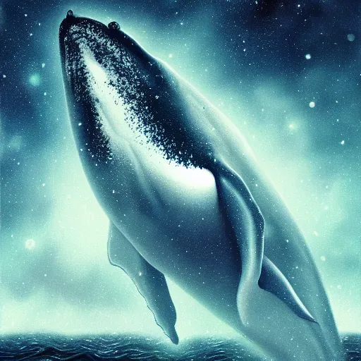 Prompt: portrait of whale swimming on a dark night sky, swimming across the universe, galaxies, oniric, dreamy, beautiful, highly detailed, realistic, cinematic, dynamic composition, trending on artstation