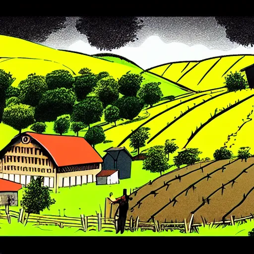Image similar to A farm in the country side of Switzerland, in the style of Waltz with Bashir