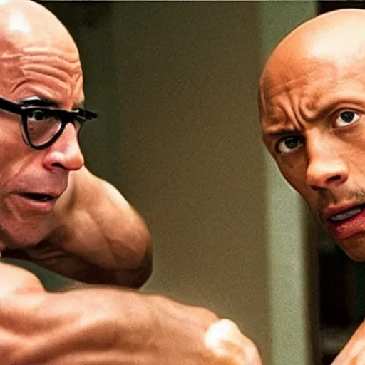 Image similar to Very intense fight sequence with Michel Foucault played by Dwayne Johnson fighting other philosophers in Foucault the biopic