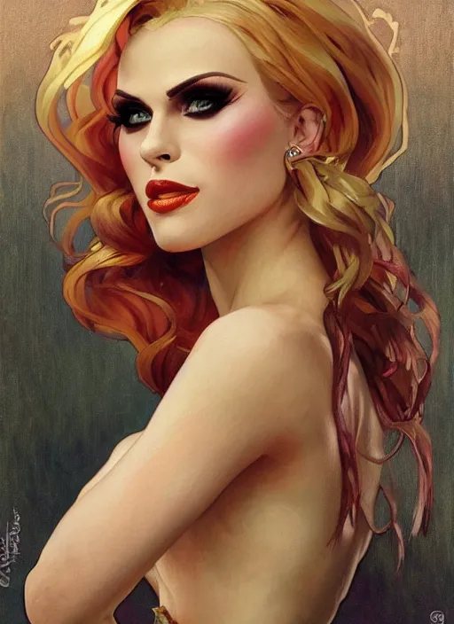 Image similar to katya, drag queen, painting by artgerm and greg rutkowski and alphonse mucha