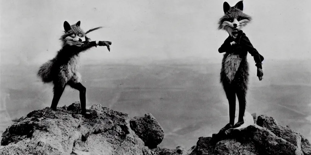 Image similar to anthropomorphic furry fox fighting villain on top of the highest point of a castle, 1 9 1 0 s film scene