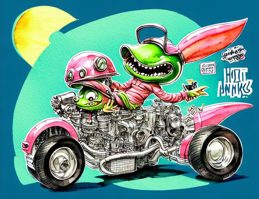 Image similar to cute and funny, gremlin wearing a helmet riding in a hot rod with oversize engine, ratfink style by ed roth, centered award winning watercolor pen illustration, isometric illustration by chihiro iwasaki, edited by range murata, tiny details by artgerm and watercolor girl, symmetrically isometrically centered