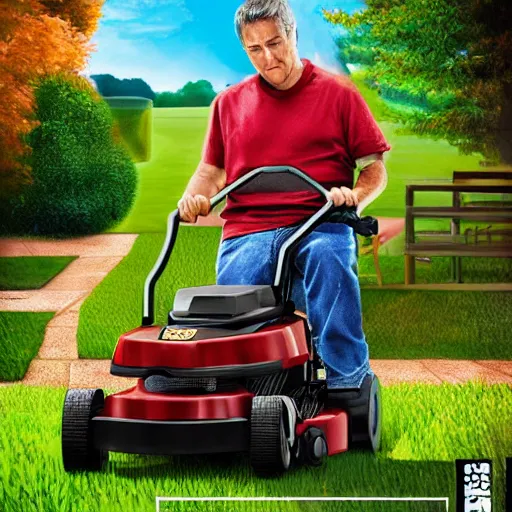 Prompt: lawnmower beer dad movie poster. hyperdetailed photorealism