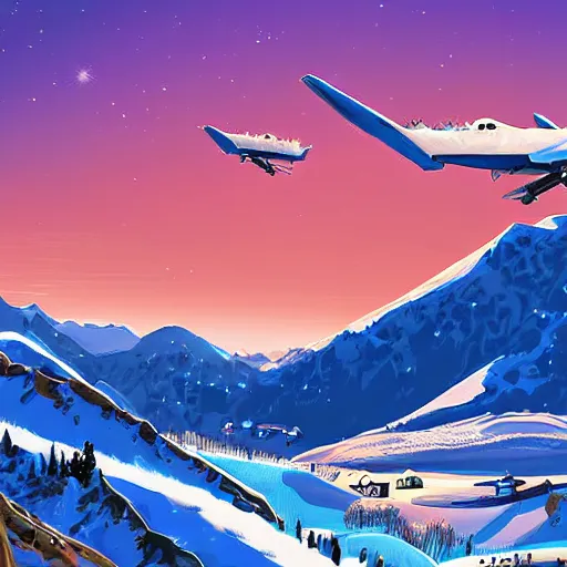 Prompt: snowy mountain, bright sky, small town, planes flying above, sky view, highly detailed digital art, bright colour, full of live