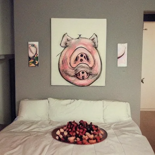 Image similar to “a portrait in an art student’s apartment, recursive pig paintings on the wall, pork, ikebana white flowers, white wax, squashed berries, acrylic and spray paint and oilstick on canvas, by munch and Dali”