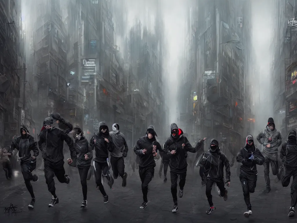 Image similar to a hyperrealistic matte painting of a group of rebellious hackers, clothed in techwear, running through the streets of a dystopian city, matte painting, intricate detail, polished, concept art, trending on artstation
