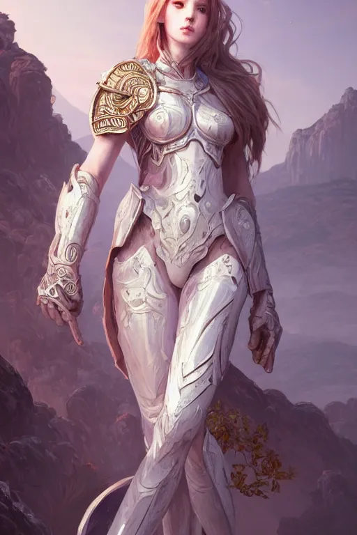 Image similar to portrait young knights of Zodiac girl, matt white color armor, in ruined Agora of Athens Sunrise, ssci-fi and fantasy, intricate and very beautiful and elegant, highly detailed, digital painting, artstation, concept art, smooth and sharp focus, illustration, art by tian zi and WLOP and alphonse mucha