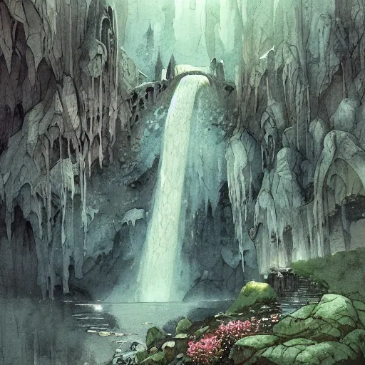 Prompt: Ink and watercolor masterpiece depicting Idyllic fantasy landscape, waterfalls, castle, willows, mystical, magical, Edmund Dulac and Andreas Rocha, Hyperdetailed, stylized, Artstation