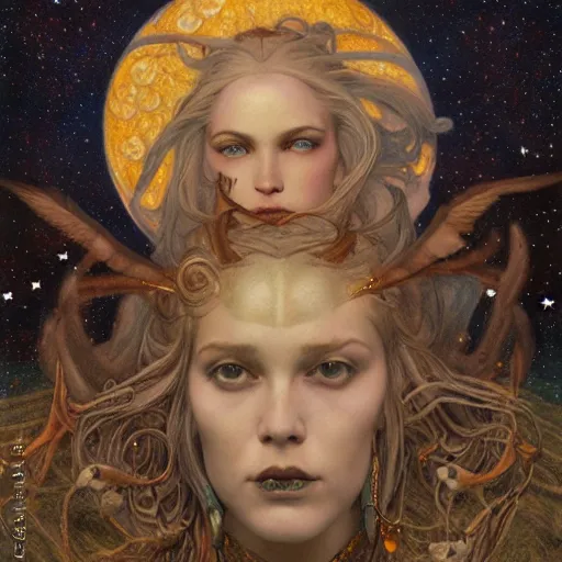 Image similar to queen of the moon with stars in her hair, by tino rodriguez and annie swynnerton and nicholas roerich and jean delville and donato giancola and tom bagshaw and lucien freud, dramatic lighting, goth tattoos, rich colors, smooth sharp focus, extremely detailed, adolf wolfli