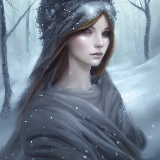 Prompt: a painting of a goddess in a snowy forest, a digital painting by Charlie Bowater, featured on cgsociety, fantasy art, detailed painting, artstation hd, ilya kuvshinov