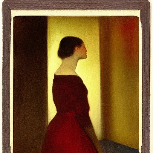 Image similar to an elegant girl in a liminal abandoned room, red and gold, old polaroid by goya, by hopper, digital painting, jugendstil, art noveau, strong lights, flat colors, pastel colors,