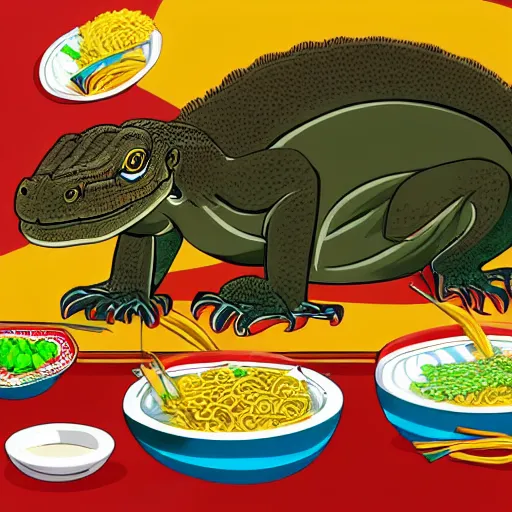 Image similar to a group of komodo dragons having a feast consisting of only indomie instant noodles on a fancy dining table, cartoon style