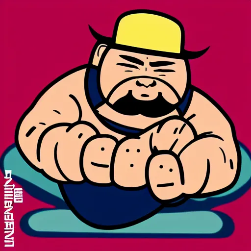 Prompt: tugboat the wrestler giving a peace sign in the japanese style, photorealistic