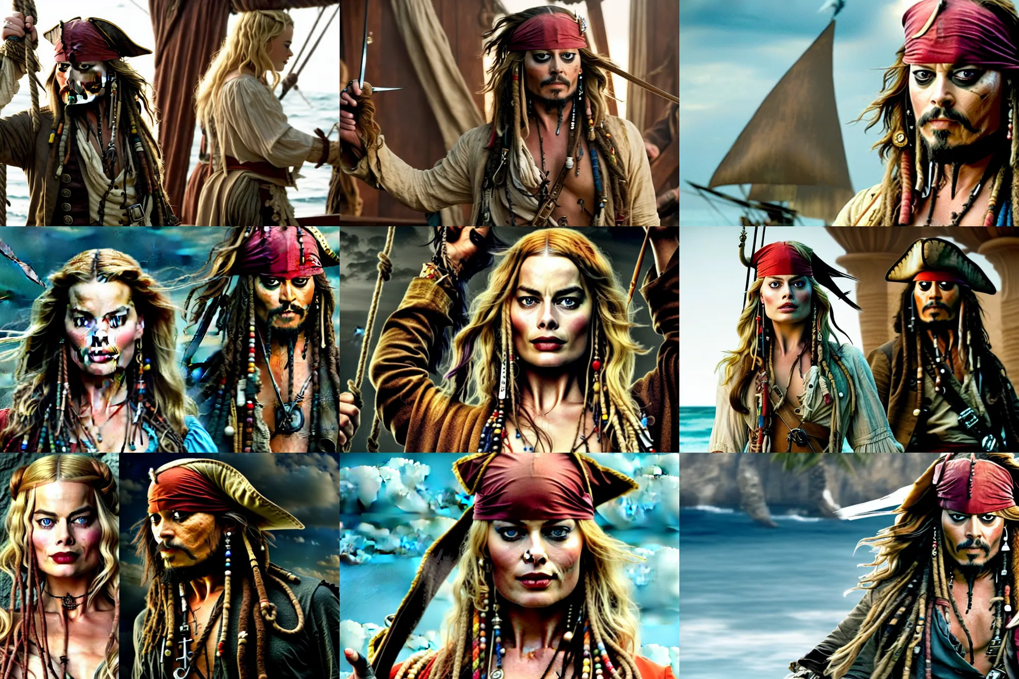 Prompt: margot robbie playing jack sparrow in the next pirates of the caribbean movie, movie still