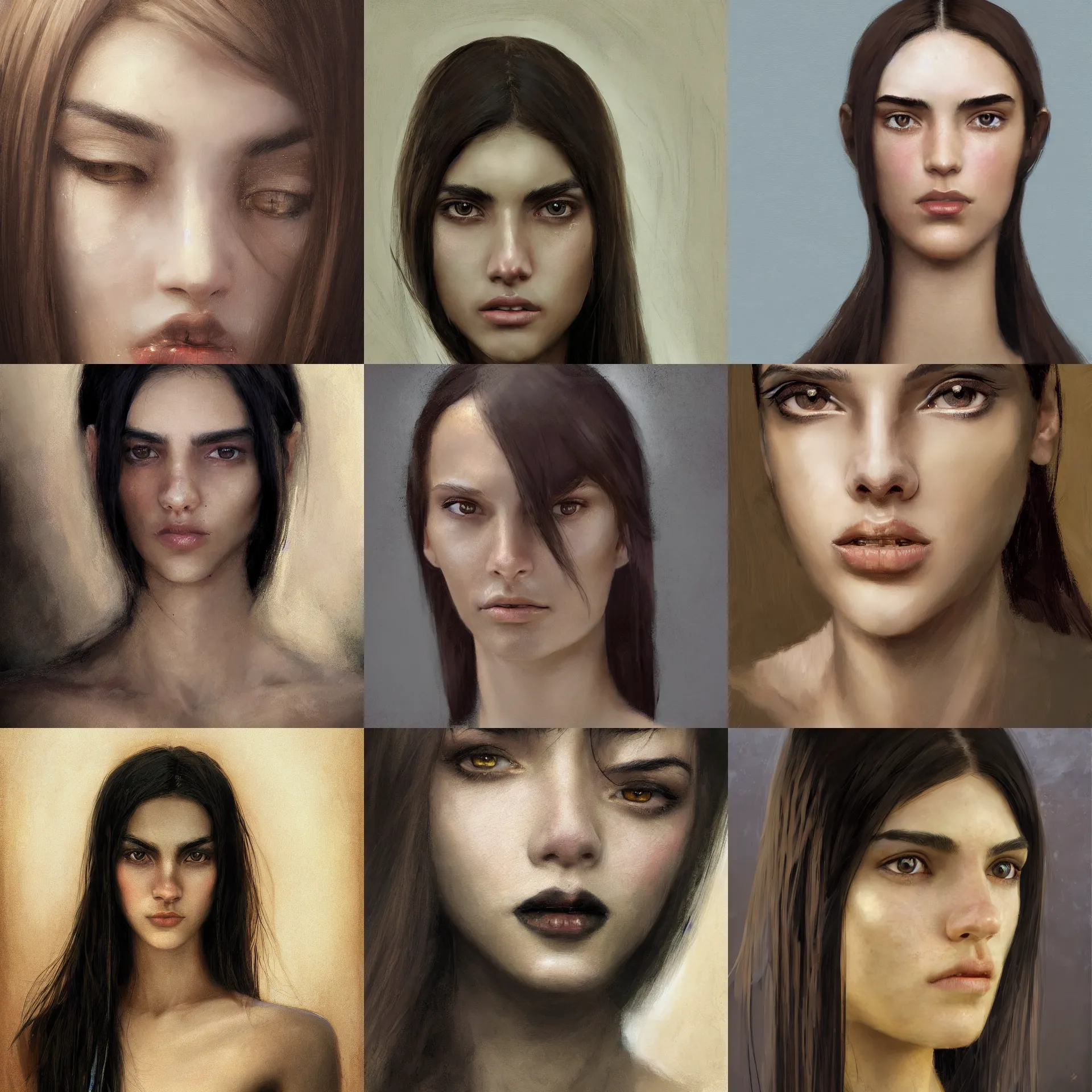 Prompt: digital art painting of a skinny 2 0 years old white skin young latino woman, long black straight hair, thick eyebrows, small straight nose, strong defined jaw, brown eyes painted by craig mullins and gaston bussiere and greg rutkowski, symmetrical facial features, symmetrical face, defined facial features, dramatic lighting, close up