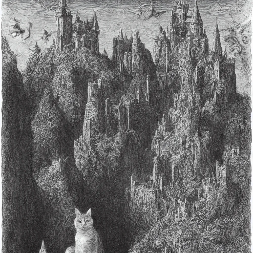 Image similar to a gray striped cat disguised as a wizard Merlin in front of the castle of Camelot, 1914, in the style of Gustave Doré and Hito Steyerl, 35mm film