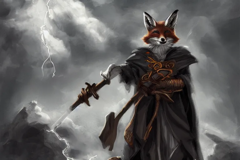 Image similar to the fox magician with a black robe blast a thunder spell with his staff, thunder ray, mountain, clouds, artstation