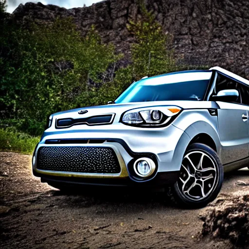 Image similar to Kia Soul, Professional Photography, Skyrim, Off-roading, Mountain landscape, dirt, road, cinematic color, photorealistic, highly detailed wheels, highly detailed