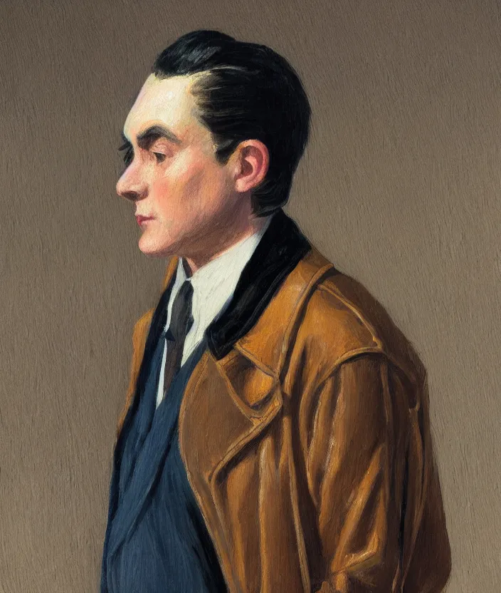 Prompt: a very detailed portrait of a man, wearing an 8 0 s jacket with big shoulder pads, very aesthetic leather jacket, detailed closeup of leather jacket, front view, in the style of edward hopper and oswald hornby joseph birley and susan ryder, very small brushstrokes, 4 k,