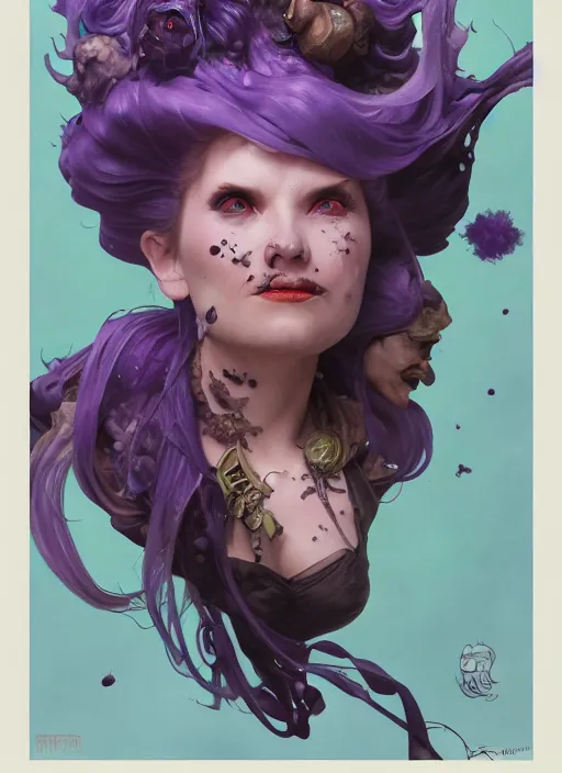 Image similar to mad madam mim, ugly! warts! purple smoke in motion, floating pieces, painted art by tsuyoshi nagano, greg rutkowski, artgerm, alphonse mucha, spike painting