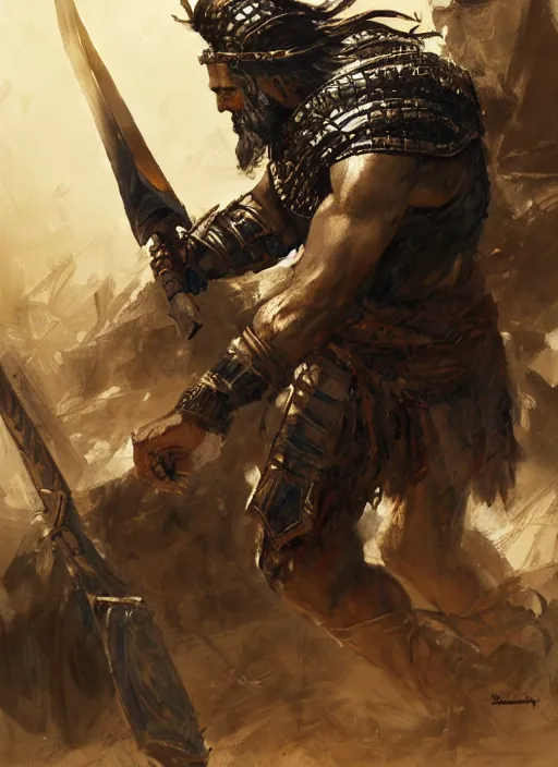 Image similar to ancient historically accurate depiction of the Bible Character Goliath of Gath, the Philistine warrior giant in ancient persian chainmail armor, dramatic lighting art by Yoji Shinkawa by Richard Schmid by greg rutkowski by Sandra Chevrier by Jeremy Lipking cinematic dramatic